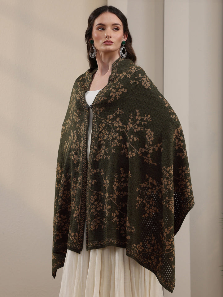 Libas Dark Green Floral Mesh Knitted Acrylic Wrap Shawl