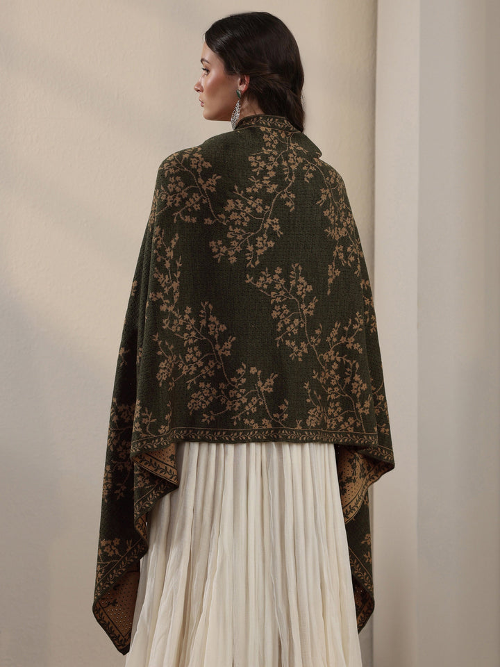Libas Dark Green Floral Mesh Knitted Acrylic Wrap Shawl