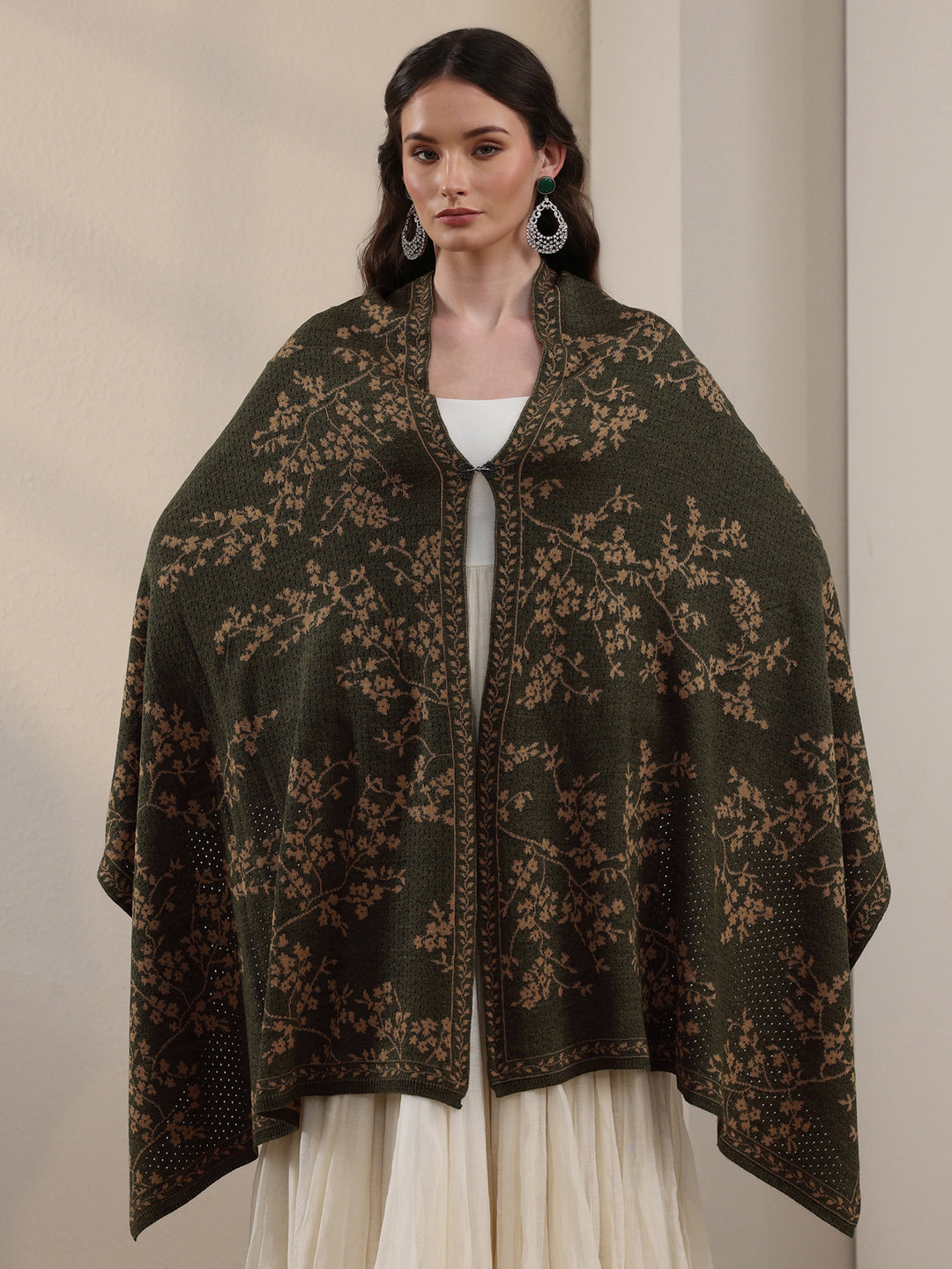 Libas Dark Green Floral Mesh Knitted Acrylic Wrap Shawl