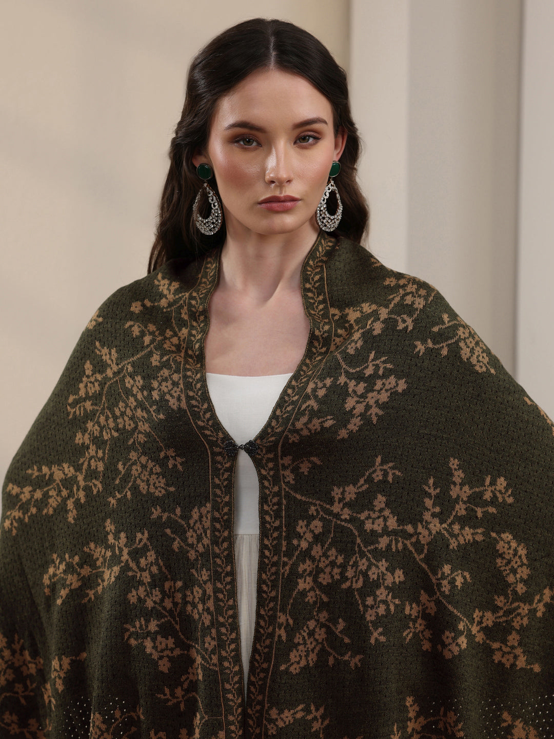 Libas Dark Green Floral Mesh Knitted Acrylic Wrap Shawl