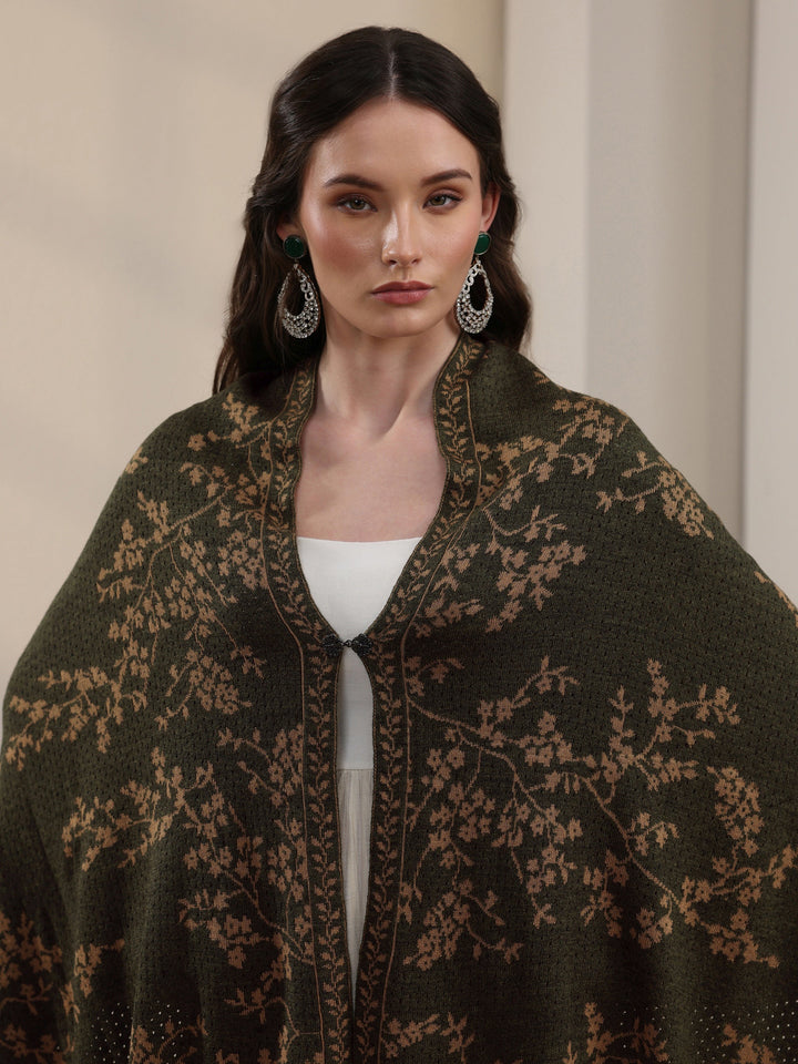 Libas Dark Green Floral Mesh Knitted Acrylic Wrap Shawl