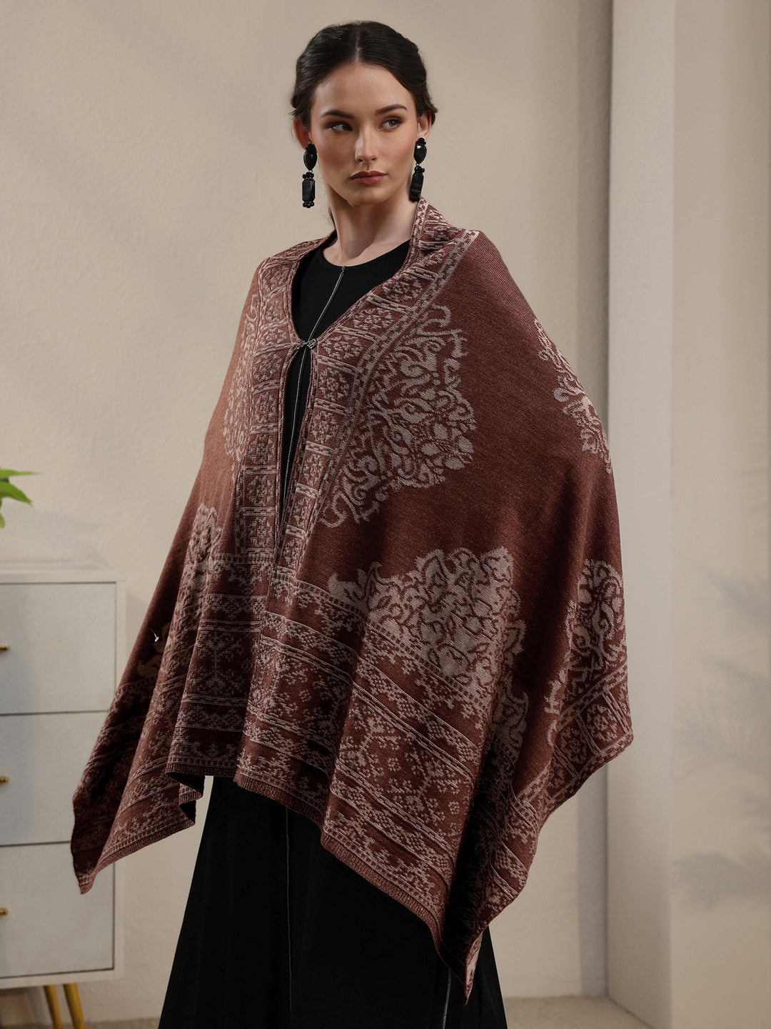 Libas Rust Brown Ethnic Embroidered Acrylic Wrap Shawl