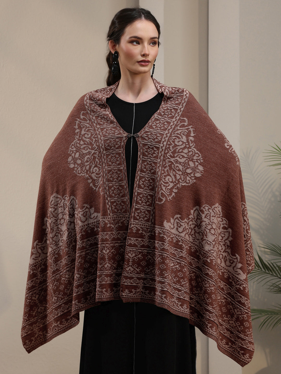 Libas Rust Brown Ethnic Embroidered Acrylic Wrap Shawl