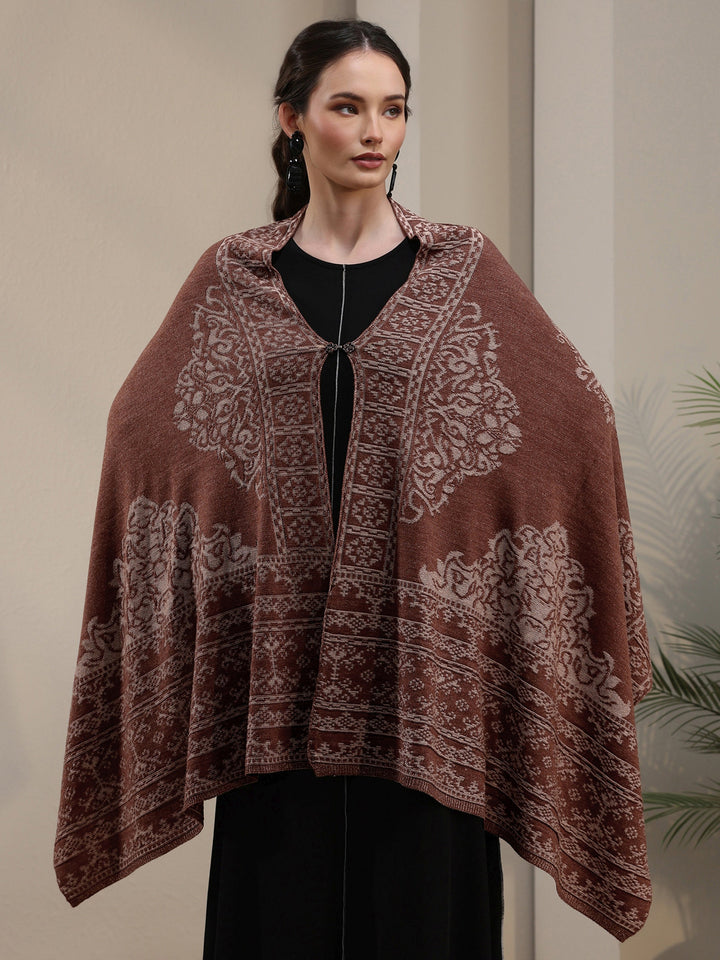 Libas Rust Brown Ethnic Embroidered Acrylic Wrap Shawl
