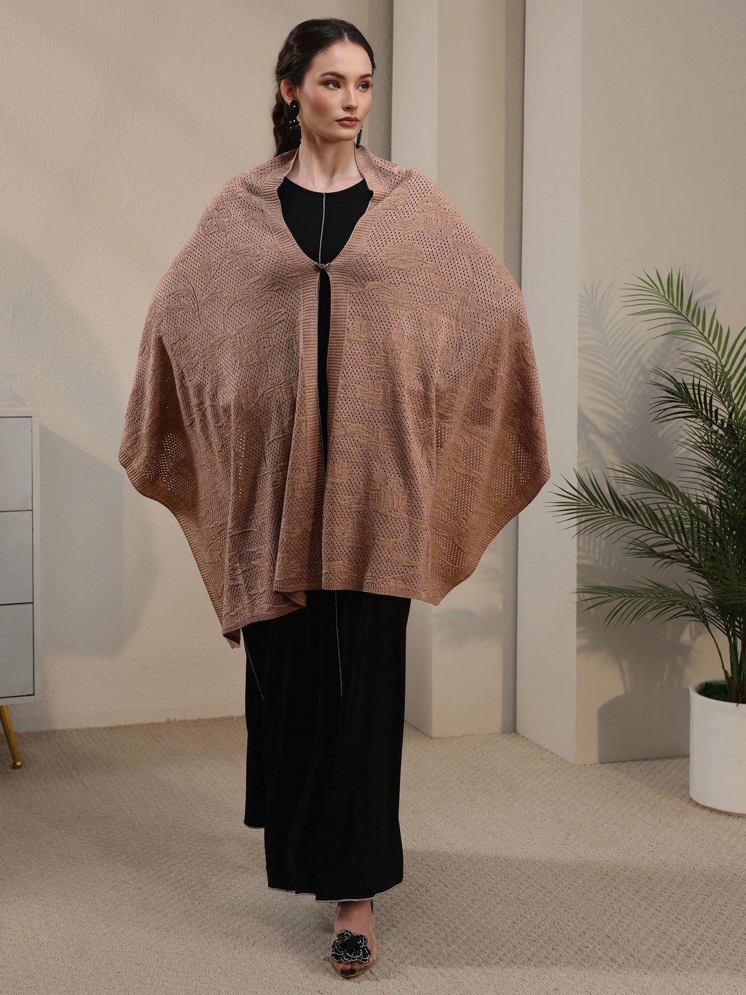Libas Beige Floral Mesh Knitted Acrylic Wrap Shawl
