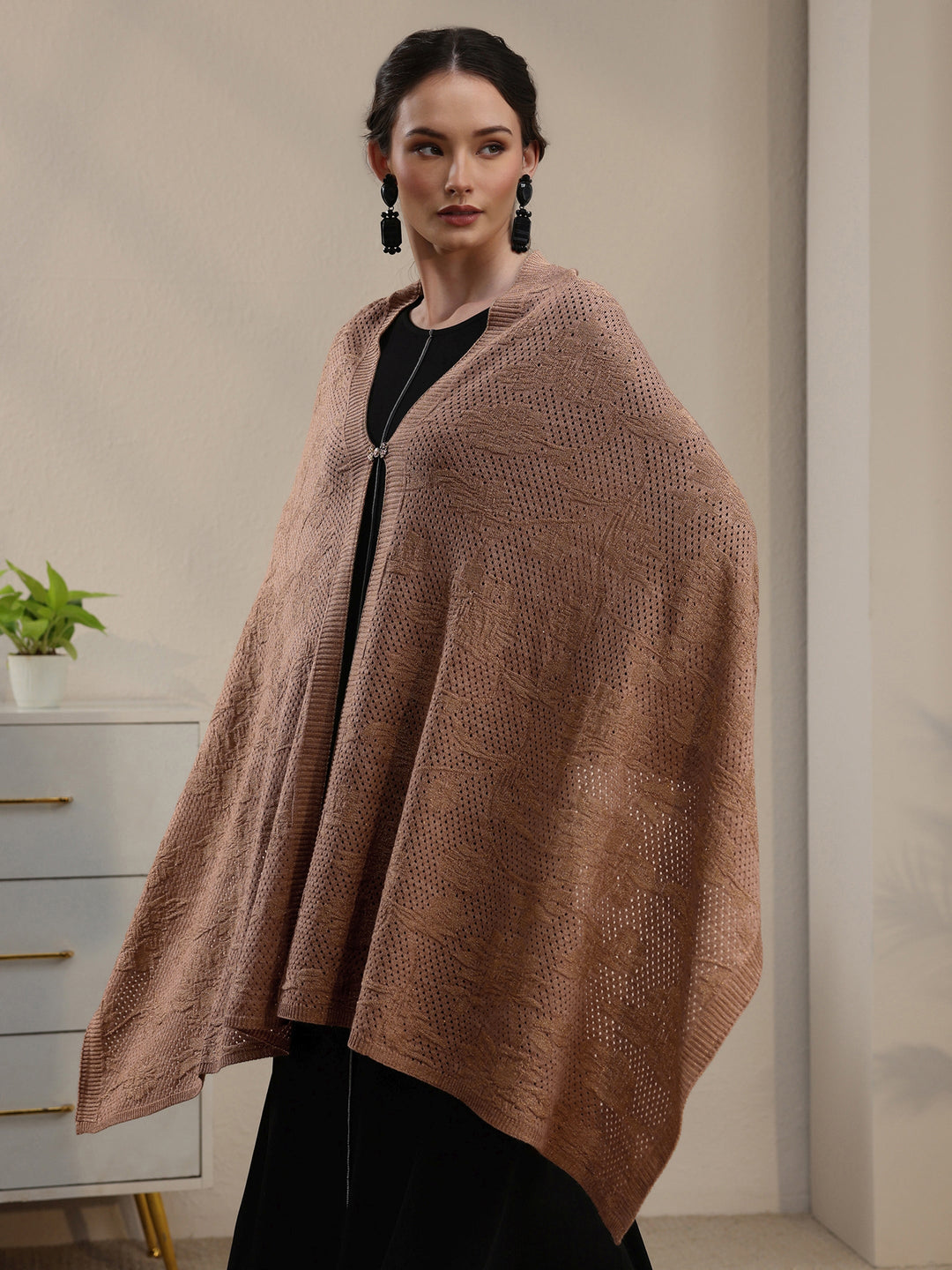 Libas Beige Floral Mesh Knitted Acrylic Wrap Shawl