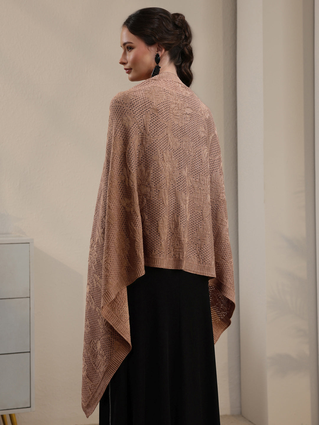Libas Beige Floral Mesh Knitted Acrylic Wrap Shawl
