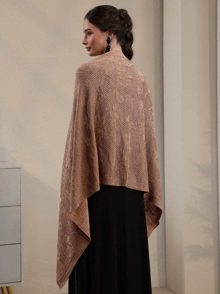 Libas Beige Floral Mesh Knitted Acrylic Wrap Shawl