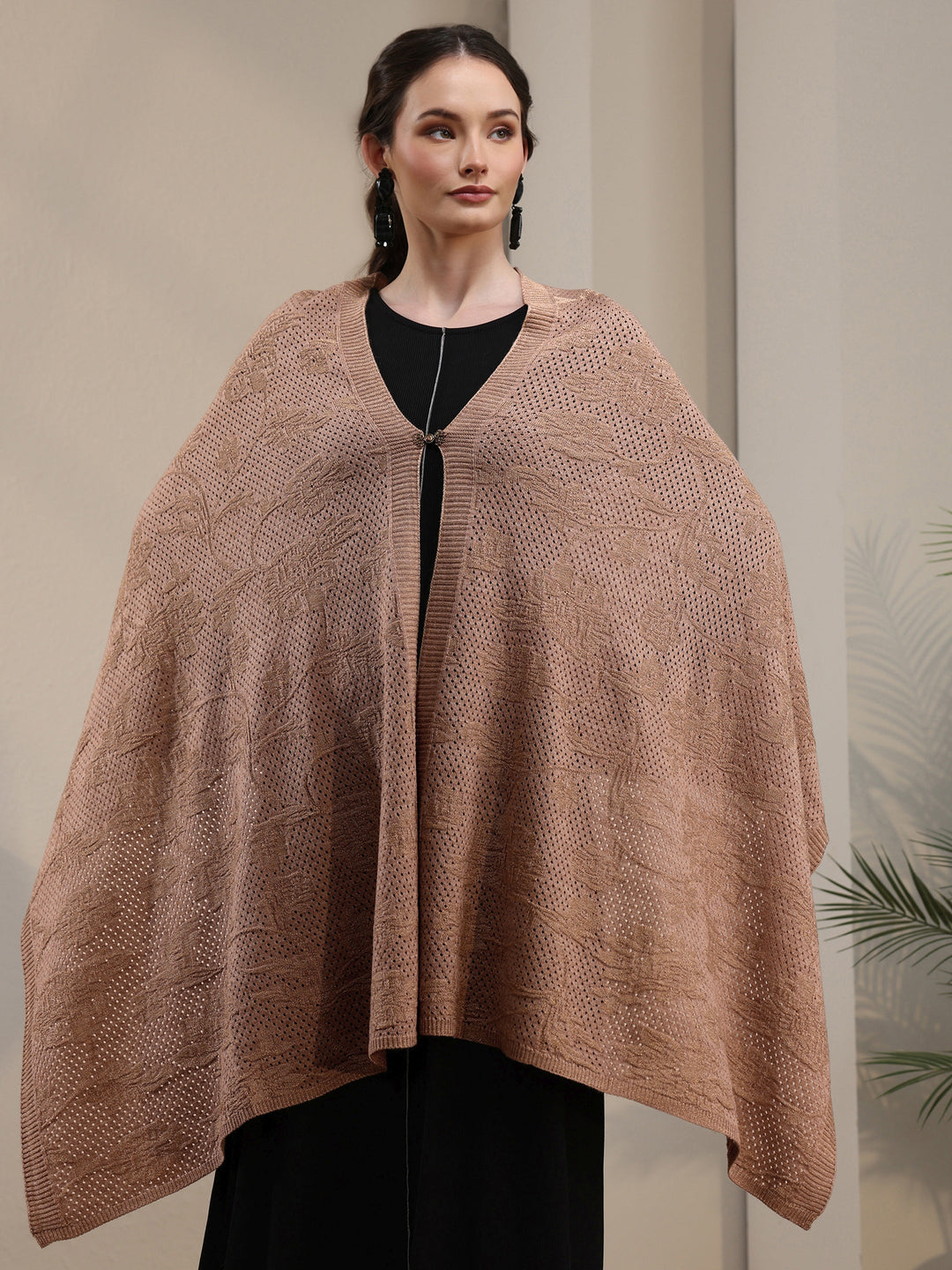 Libas Beige Floral Mesh Knitted Acrylic Wrap Shawl