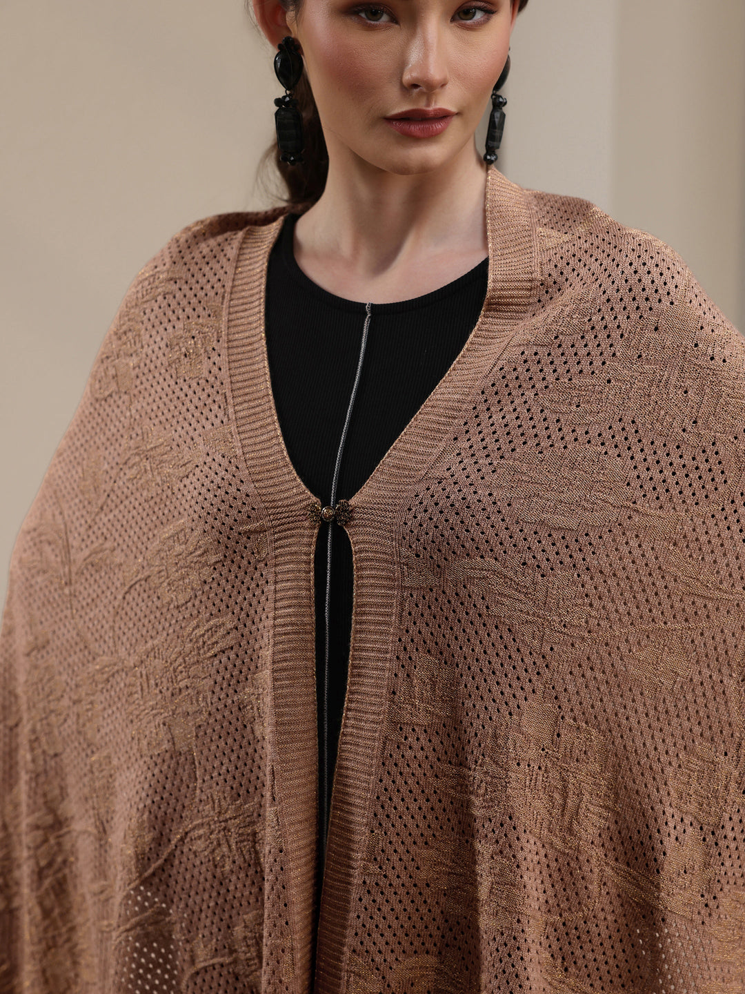 Libas Beige Floral Mesh Knitted Acrylic Wrap Shawl