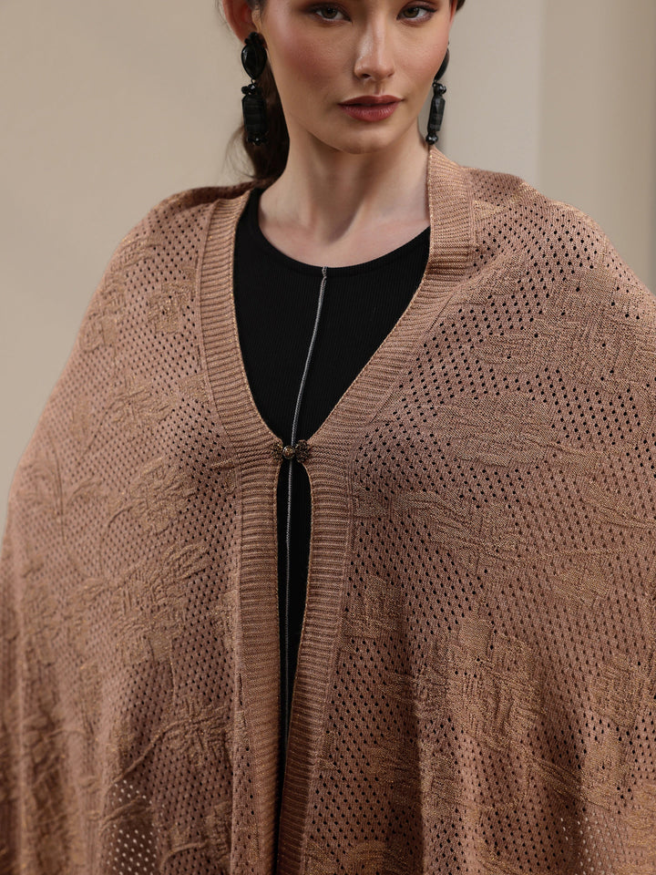 Libas Beige Floral Mesh Knitted Acrylic Wrap Shawl