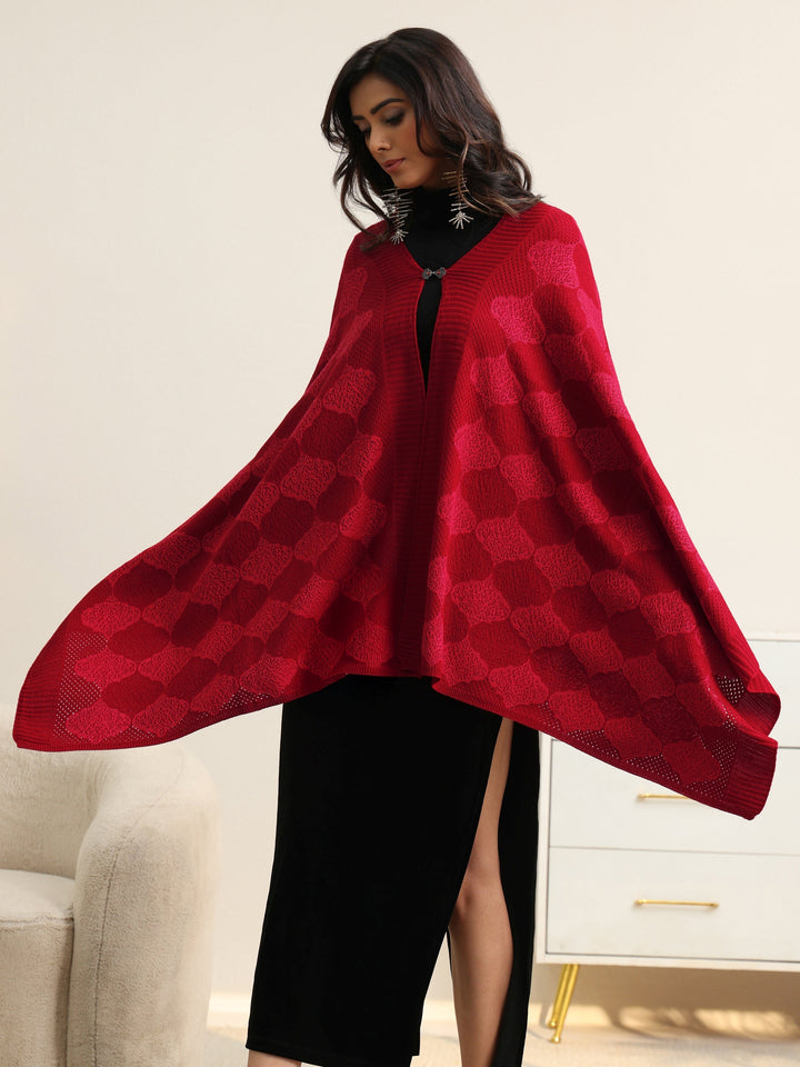 Libas Red Geometric Knitted Acrylic Wrap Shawl