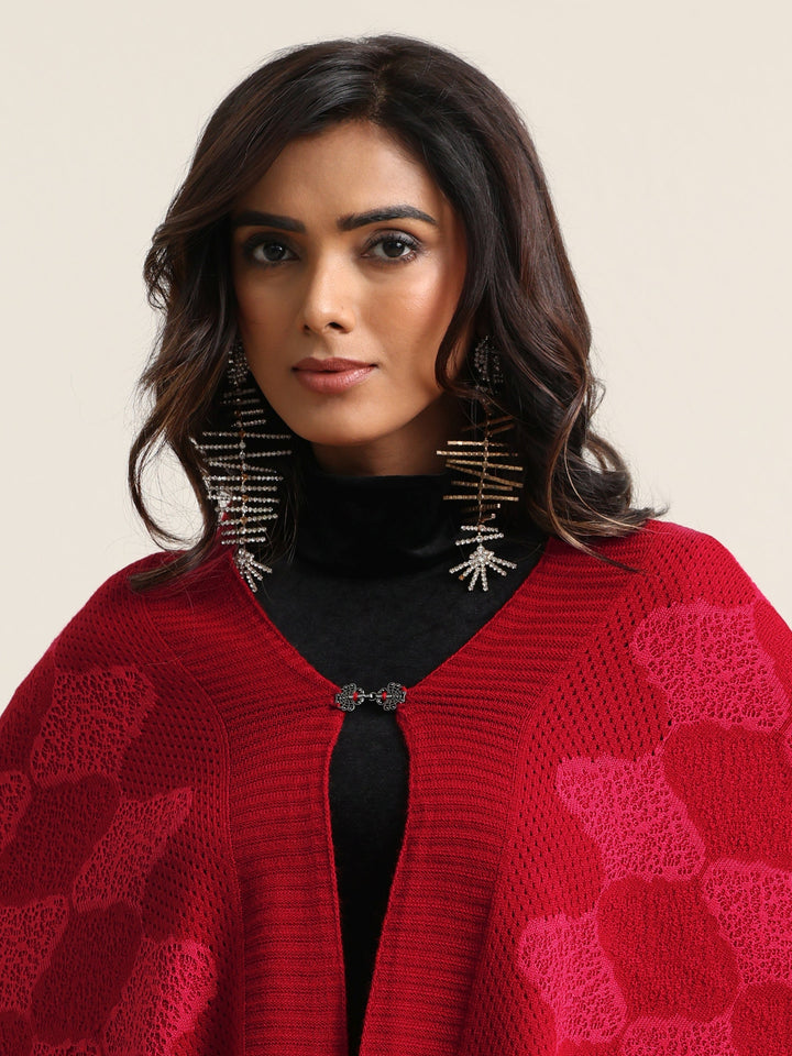 Libas Red Geometric Knitted Acrylic Wrap Shawl