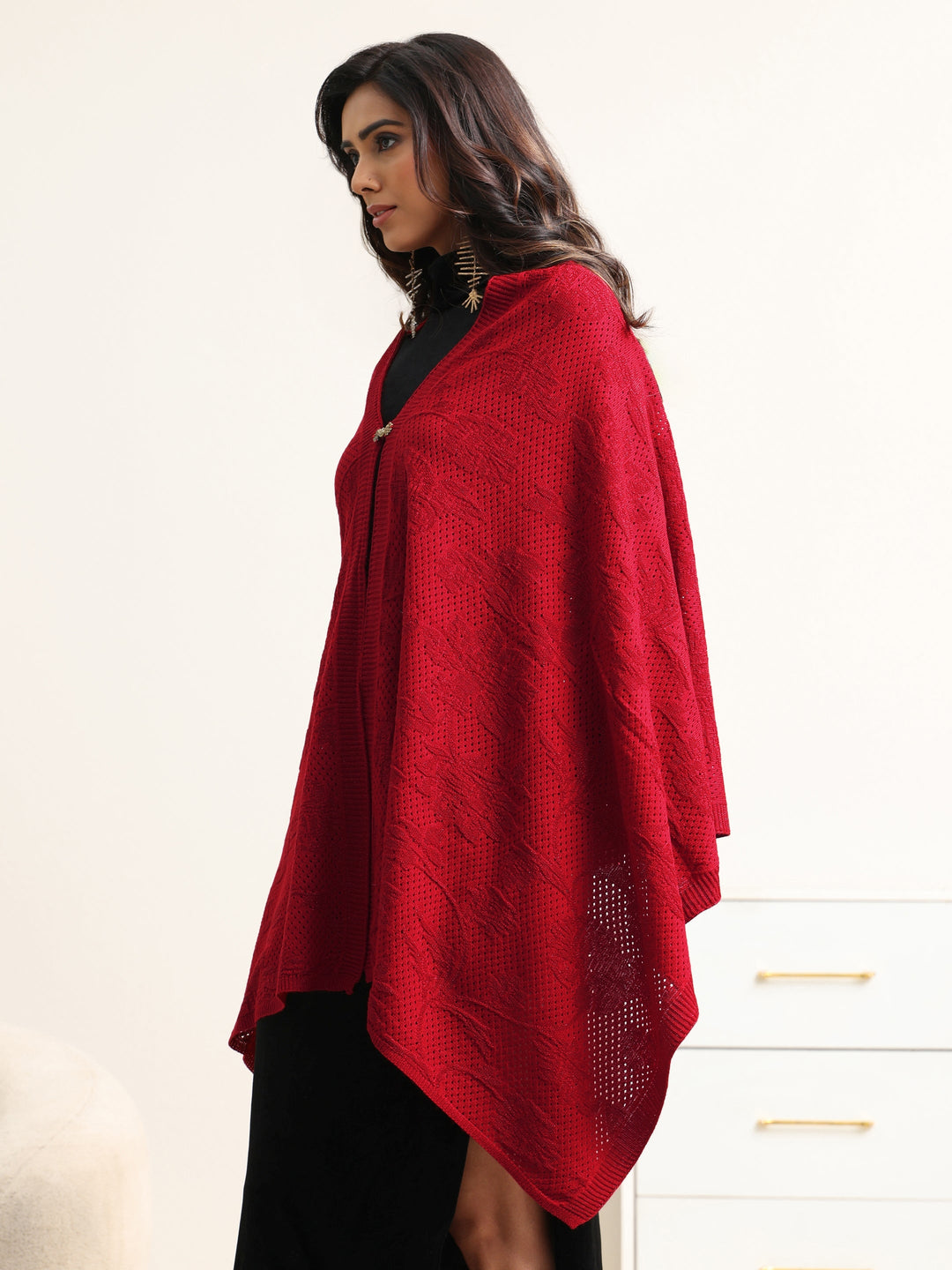 Libas Red Floral Knitted Acrylic Wrap Shawl