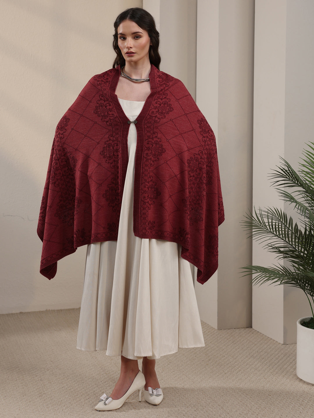 Libas Rust Red Ethnic Embroidered Acrylic Wrap Shawl