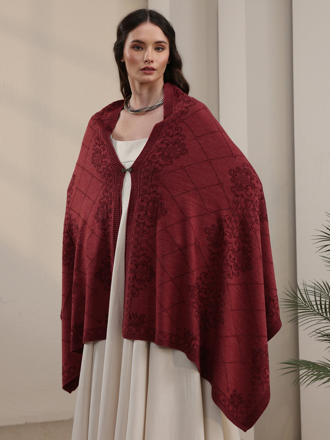 Libas Rust Red Ethnic Embroidered Acrylic Wrap Shawl