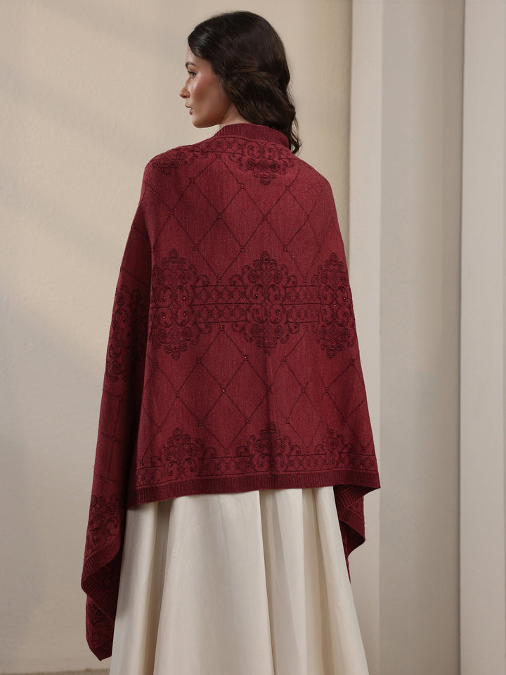 Libas Rust Red Ethnic Embroidered Acrylic Wrap Shawl