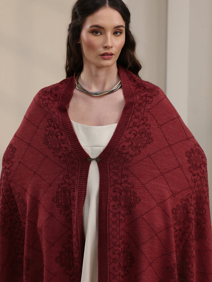 Libas Rust Red Ethnic Embroidered Acrylic Wrap Shawl