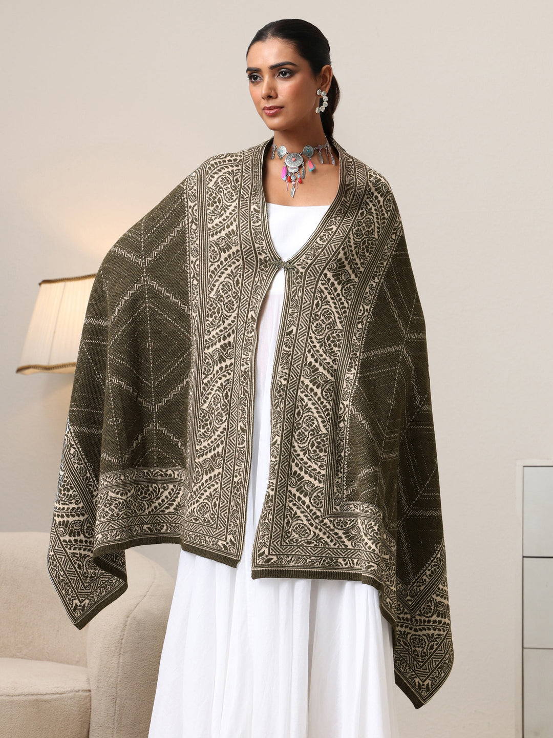 Libas Muted Moss Green Knitted Acrylic Wrap Shawl