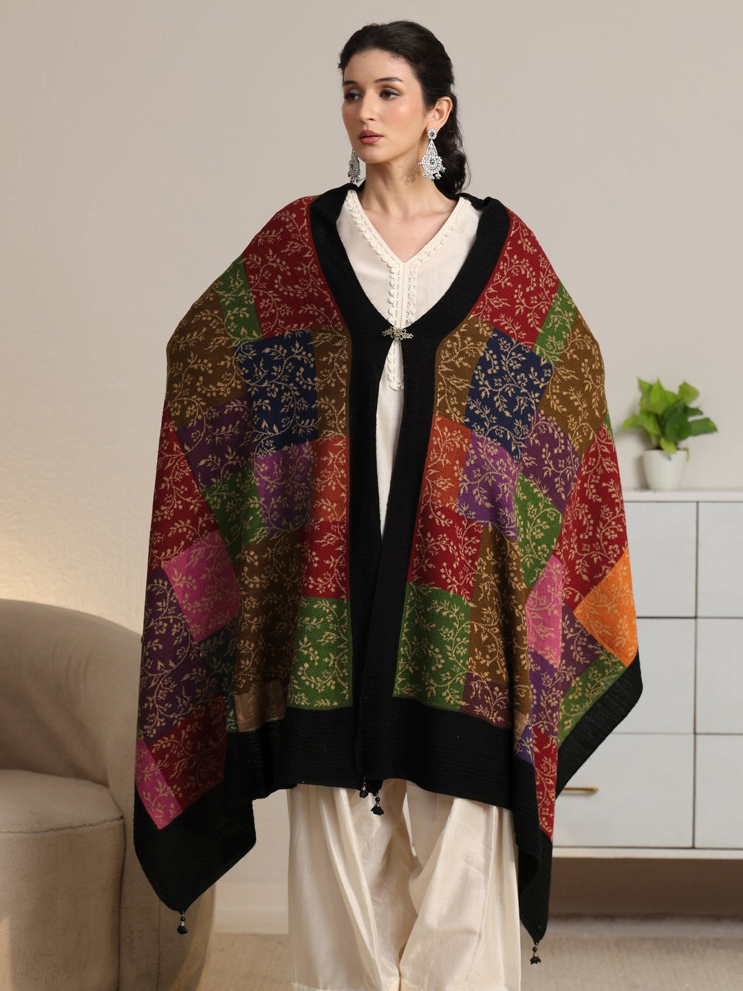 Libas Multi Coloured Floral Knitted Acrylic Shawl