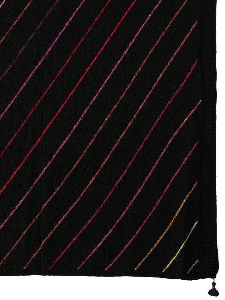 Libas Black Striped Knitted Acrylic Shawl