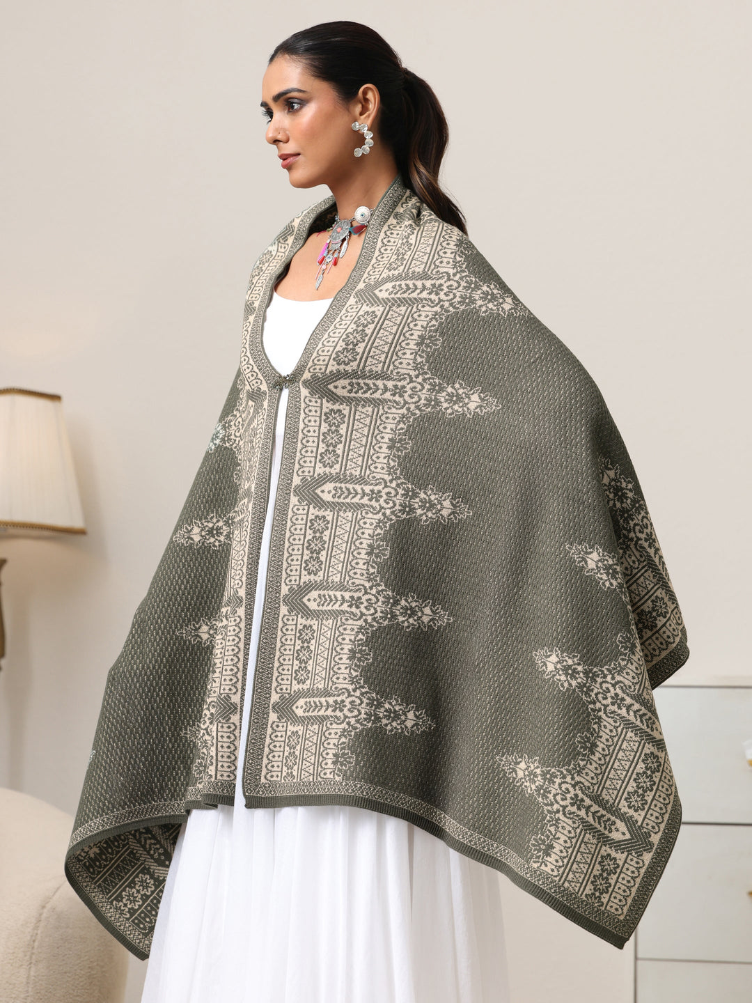 Libas Muted Moss Green Knitted Acrylic Wrap Shawl