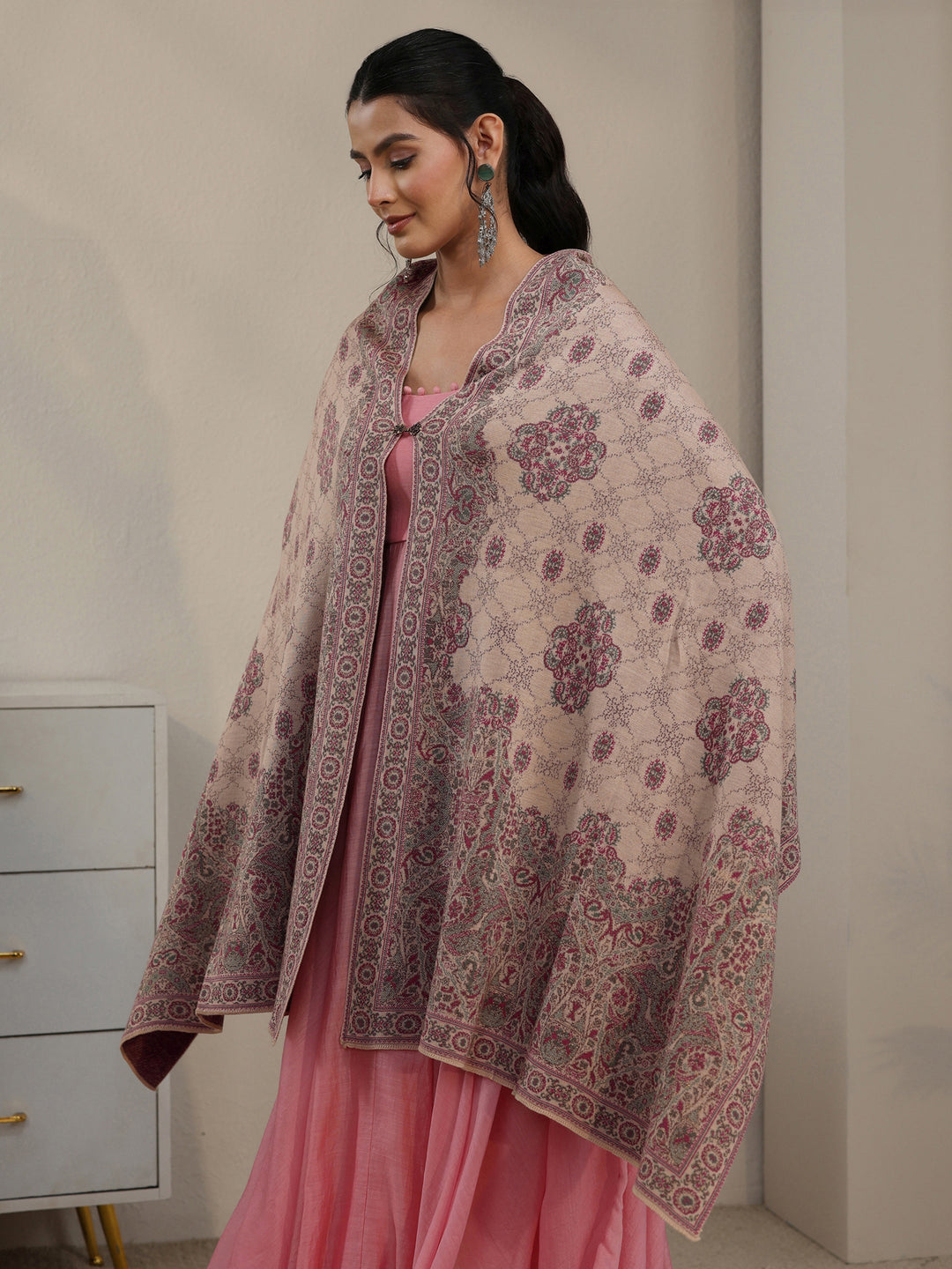 Libas Beige Ethnic Embroidered Acrylic Wrap Shawl