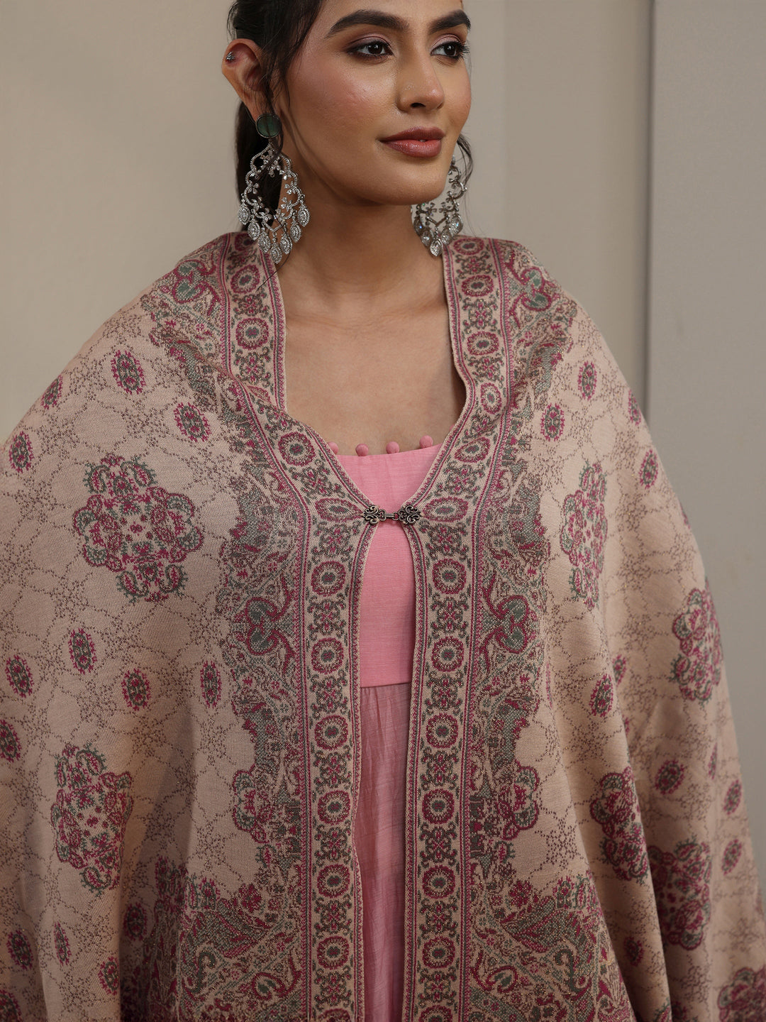 Libas Beige Ethnic Embroidered Acrylic Wrap Shawl