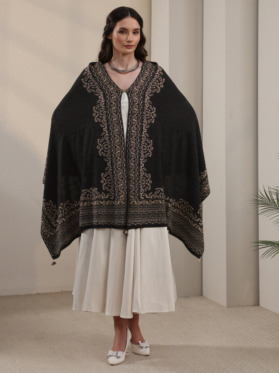 Libas Black Floral Embroidered Acrylic Wrap Shawl