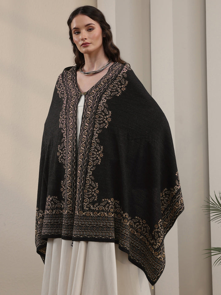 Libas Black Floral Embroidered Acrylic Wrap Shawl