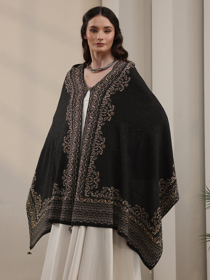 Libas Black Floral Embroidered Acrylic Wrap Shawl