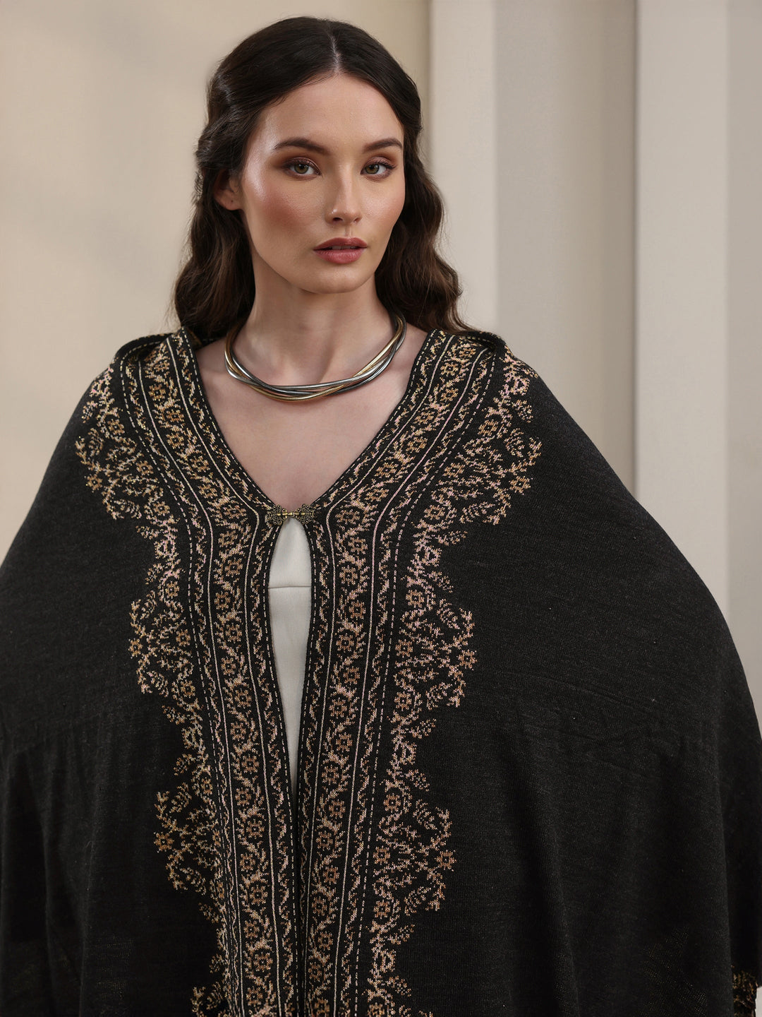 Libas Black Floral Embroidered Acrylic Wrap Shawl