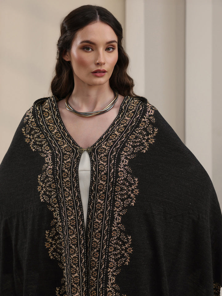 Libas Black Floral Embroidered Acrylic Wrap Shawl