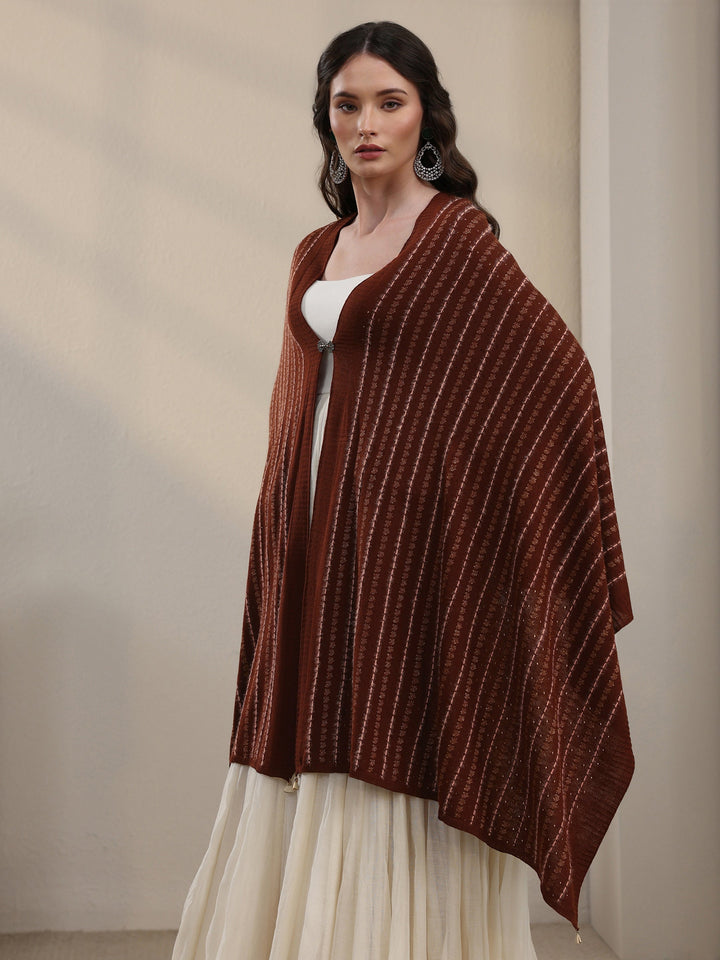Libas Rust Brown Striped Embroidered Acrylic Wrap Shawl
