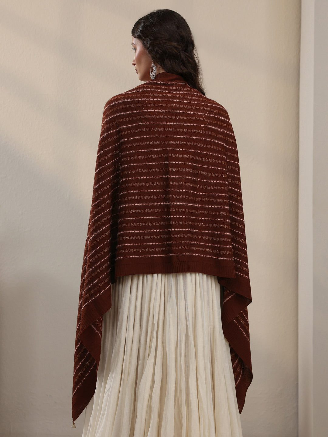 Libas Rust Brown Striped Embroidered Acrylic Wrap Shawl