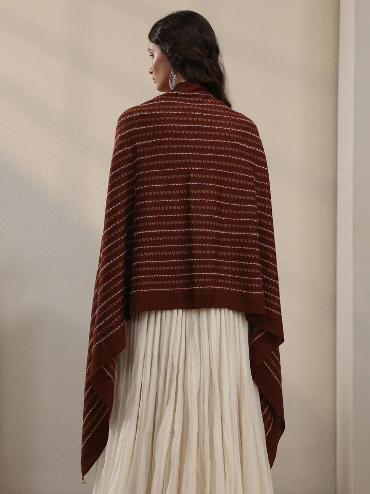 Libas Rust Brown Striped Embroidered Acrylic Wrap Shawl