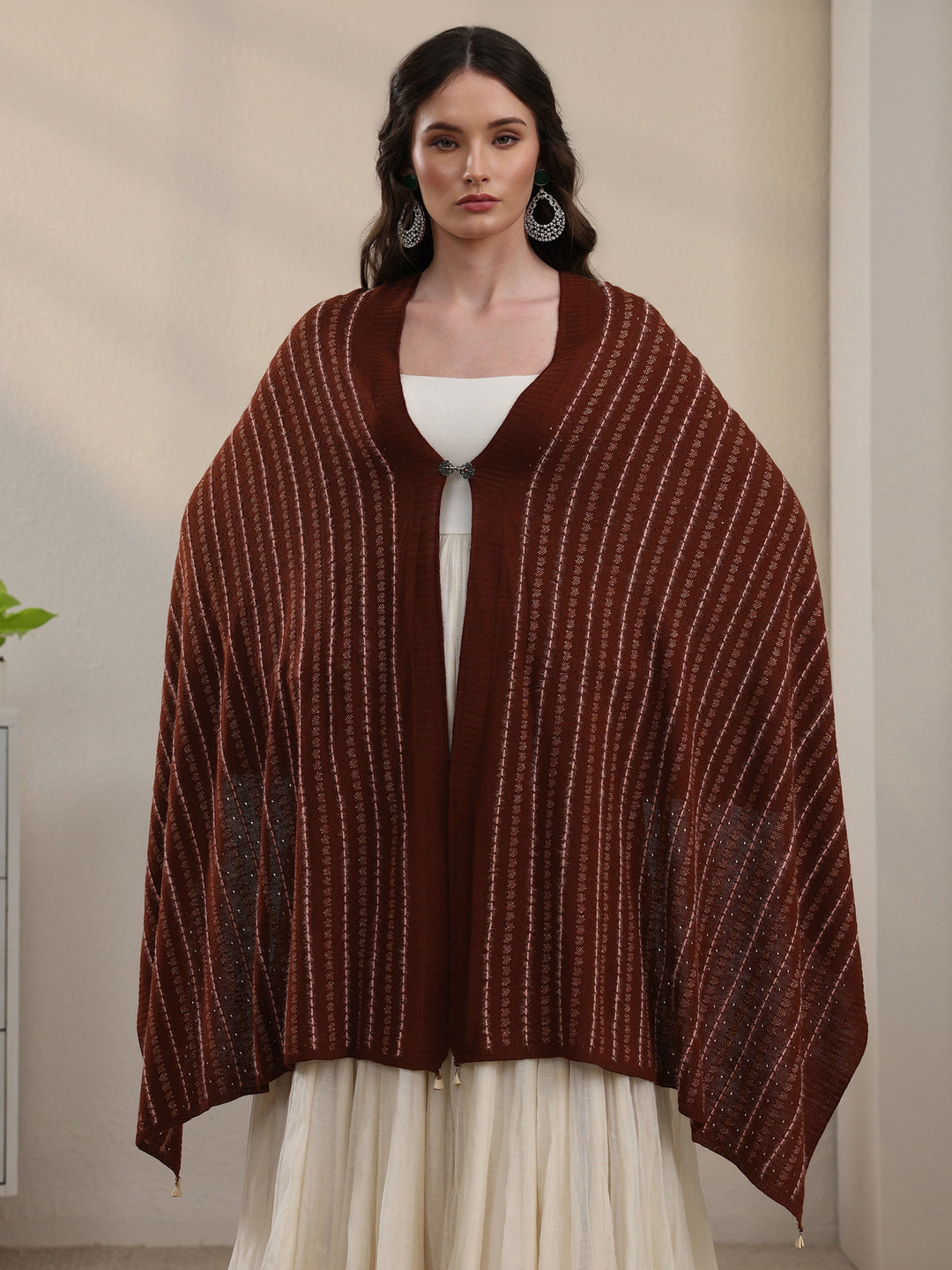 Libas Rust Brown Striped Embroidered Acrylic Wrap Shawl