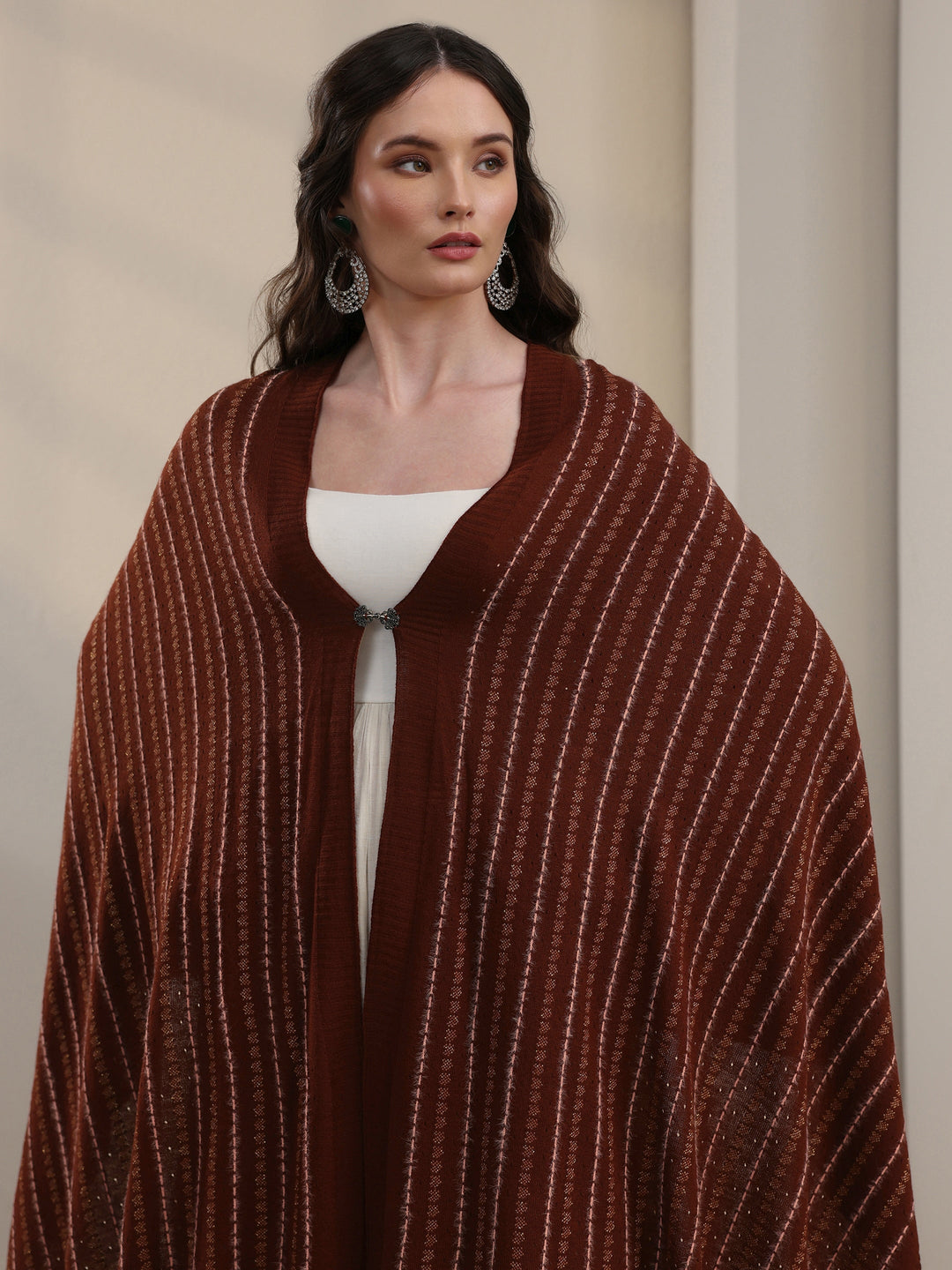 Libas Rust Brown Striped Embroidered Acrylic Wrap Shawl