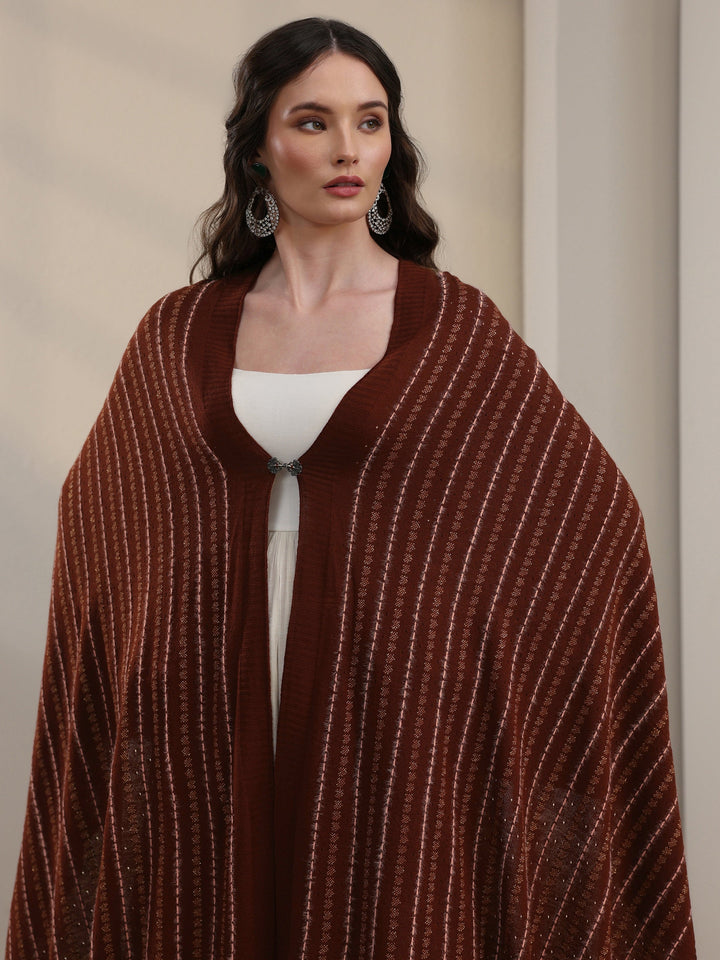 Libas Rust Brown Striped Embroidered Acrylic Wrap Shawl