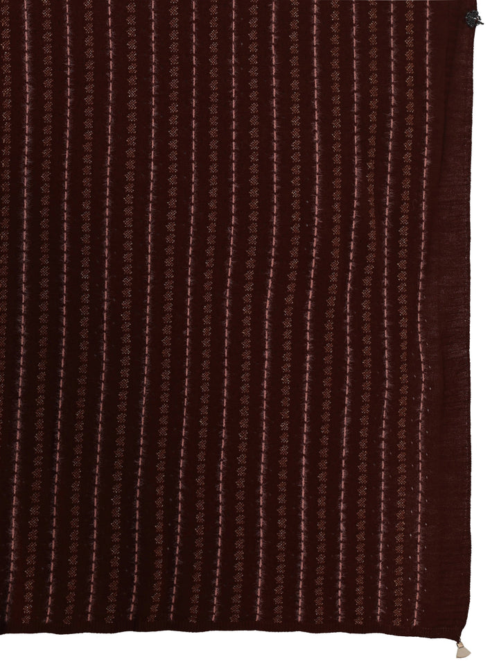 Libas Rust Brown Striped Embroidered Acrylic Wrap Shawl