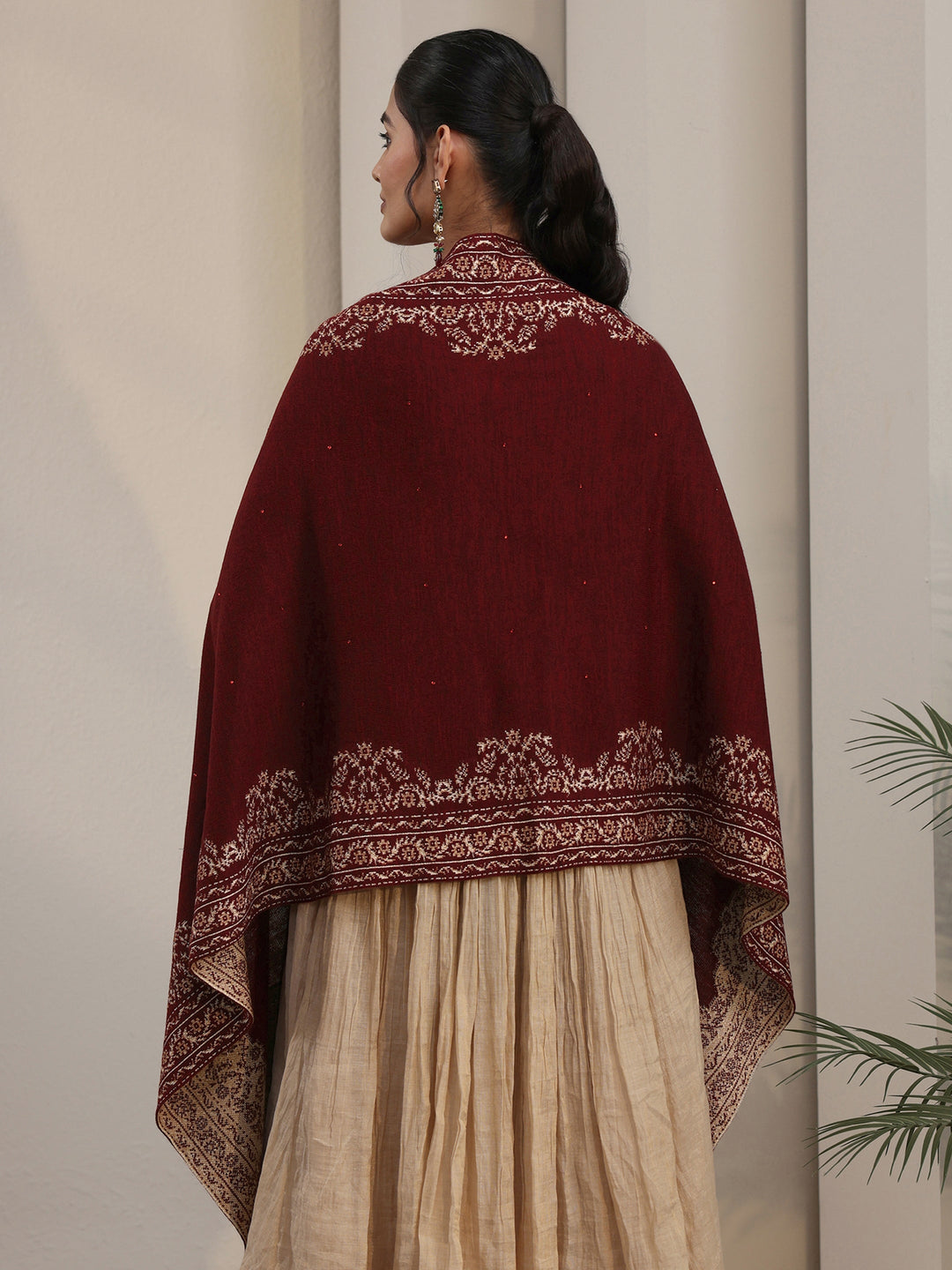 Libas Maroon Floral Embroidered Acrylic Wrap Shawl