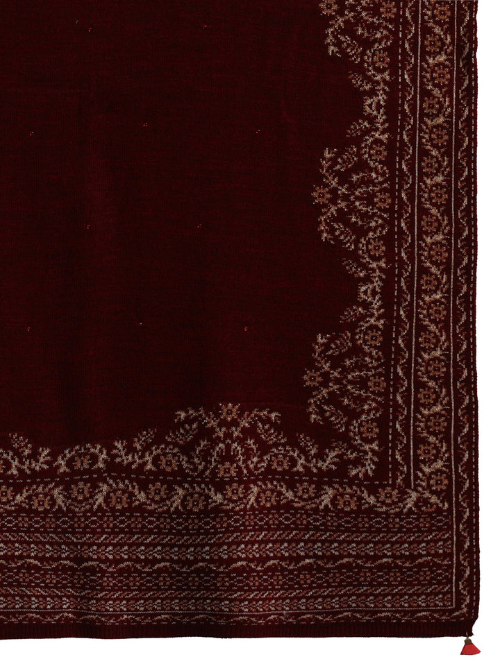 Libas Maroon Floral Embroidered Acrylic Wrap Shawl