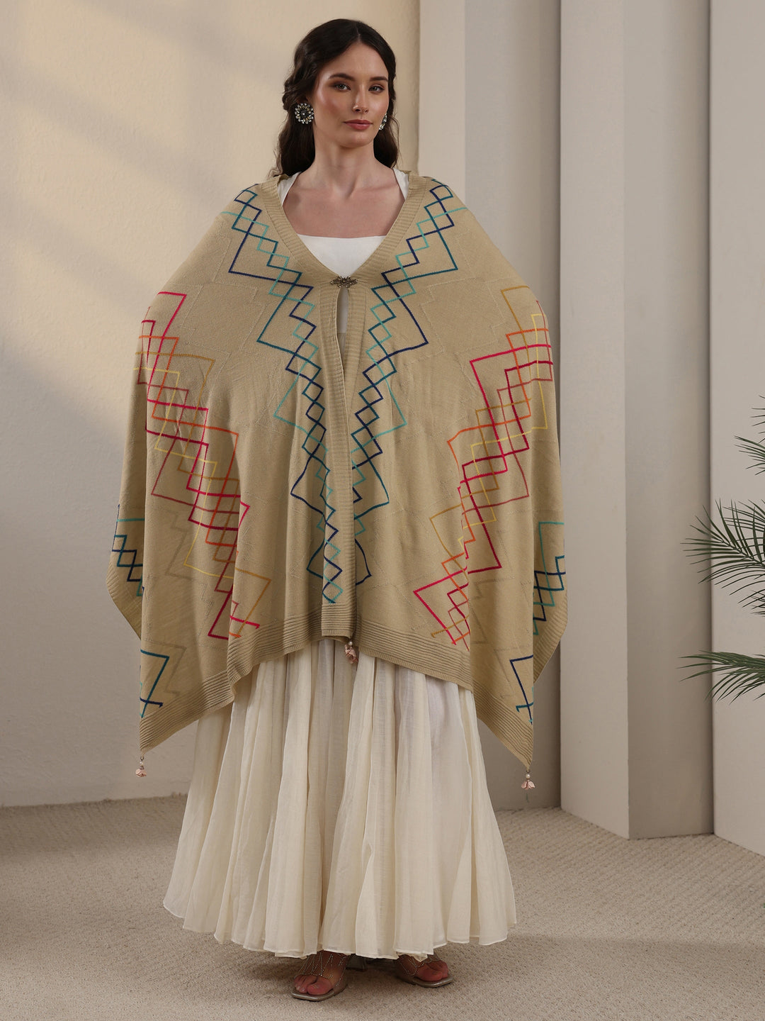 Libas Beige Geometric Embroidered Acrylic Wrap Shawl