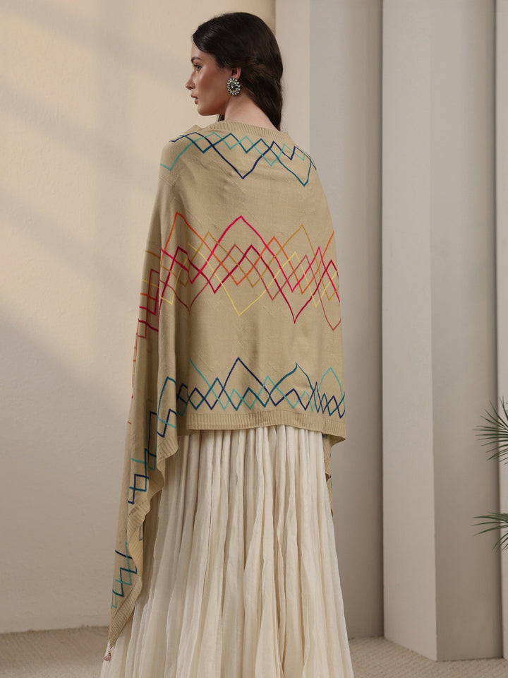 Libas Beige Geometric Embroidered Acrylic Wrap Shawl