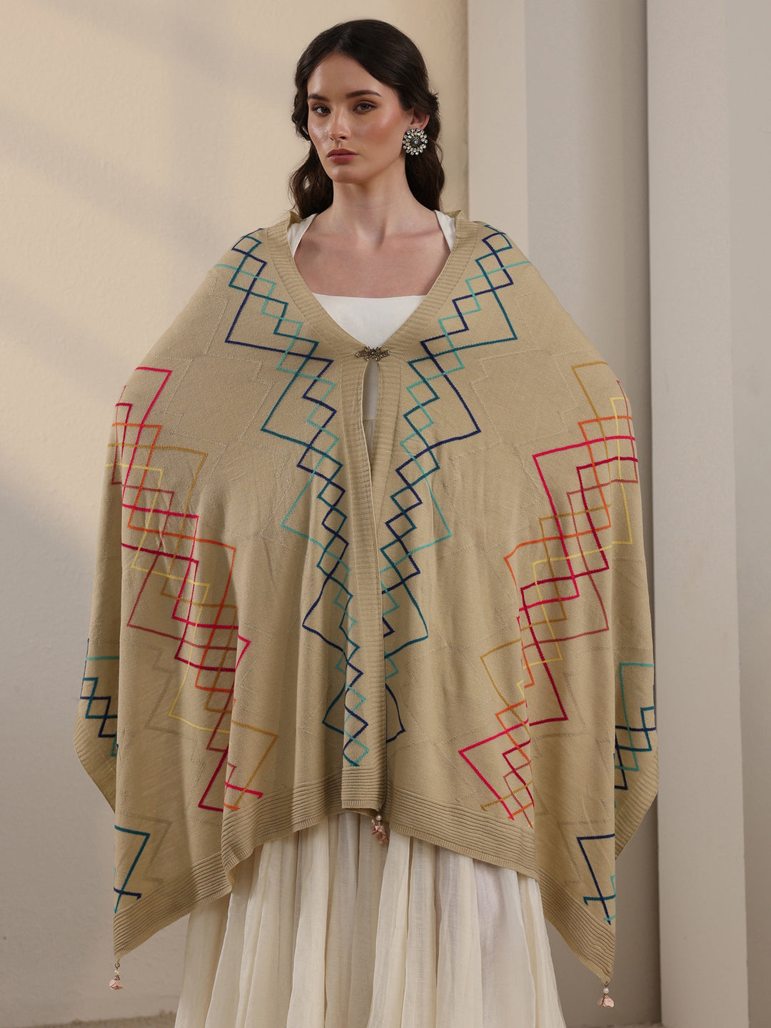 Libas Beige Geometric Embroidered Acrylic Wrap Shawl