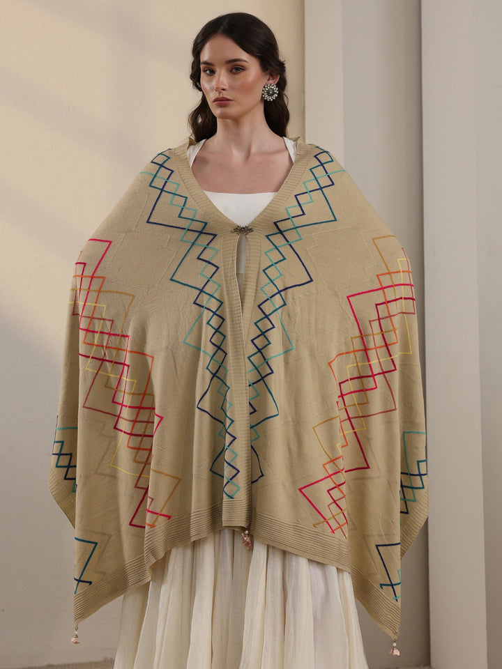 Libas Beige Geometric Embroidered Acrylic Wrap Shawl