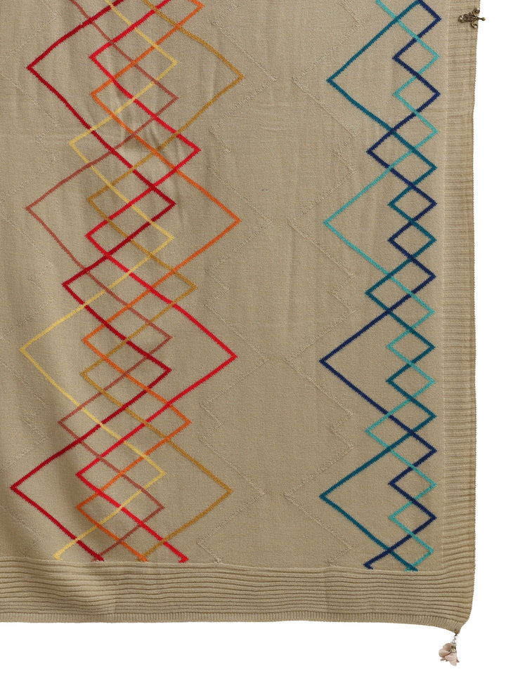 Libas Beige Geometric Embroidered Acrylic Wrap Shawl