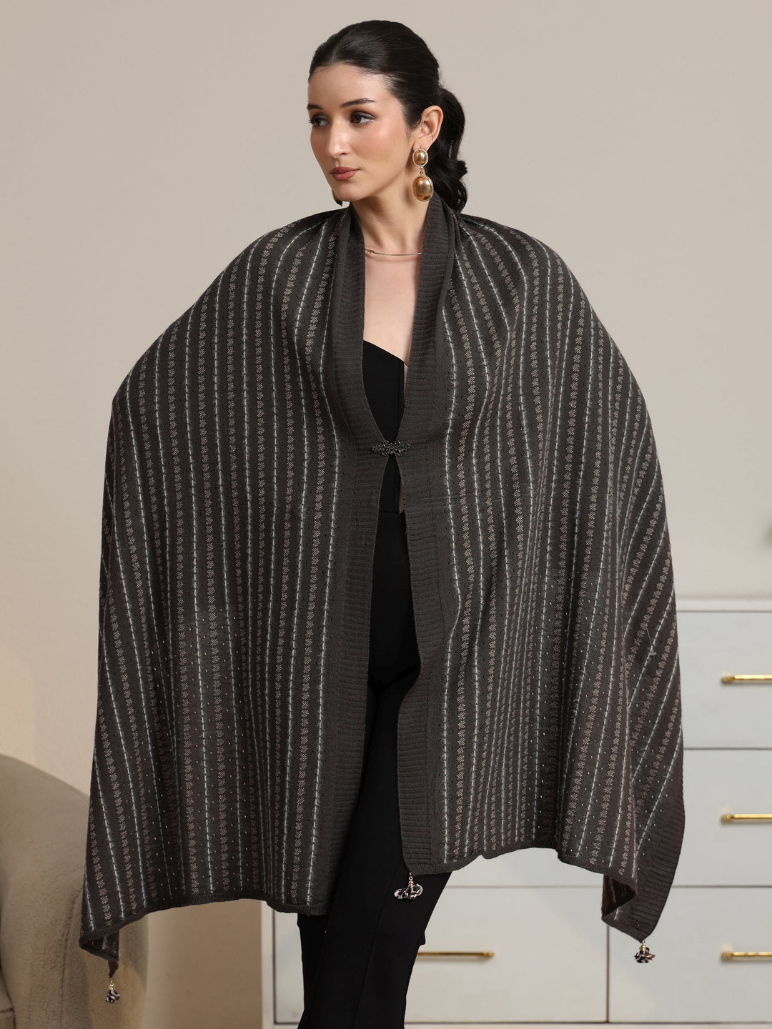 Libas Grey Striped Knitted Acrylic Wrap Shawl