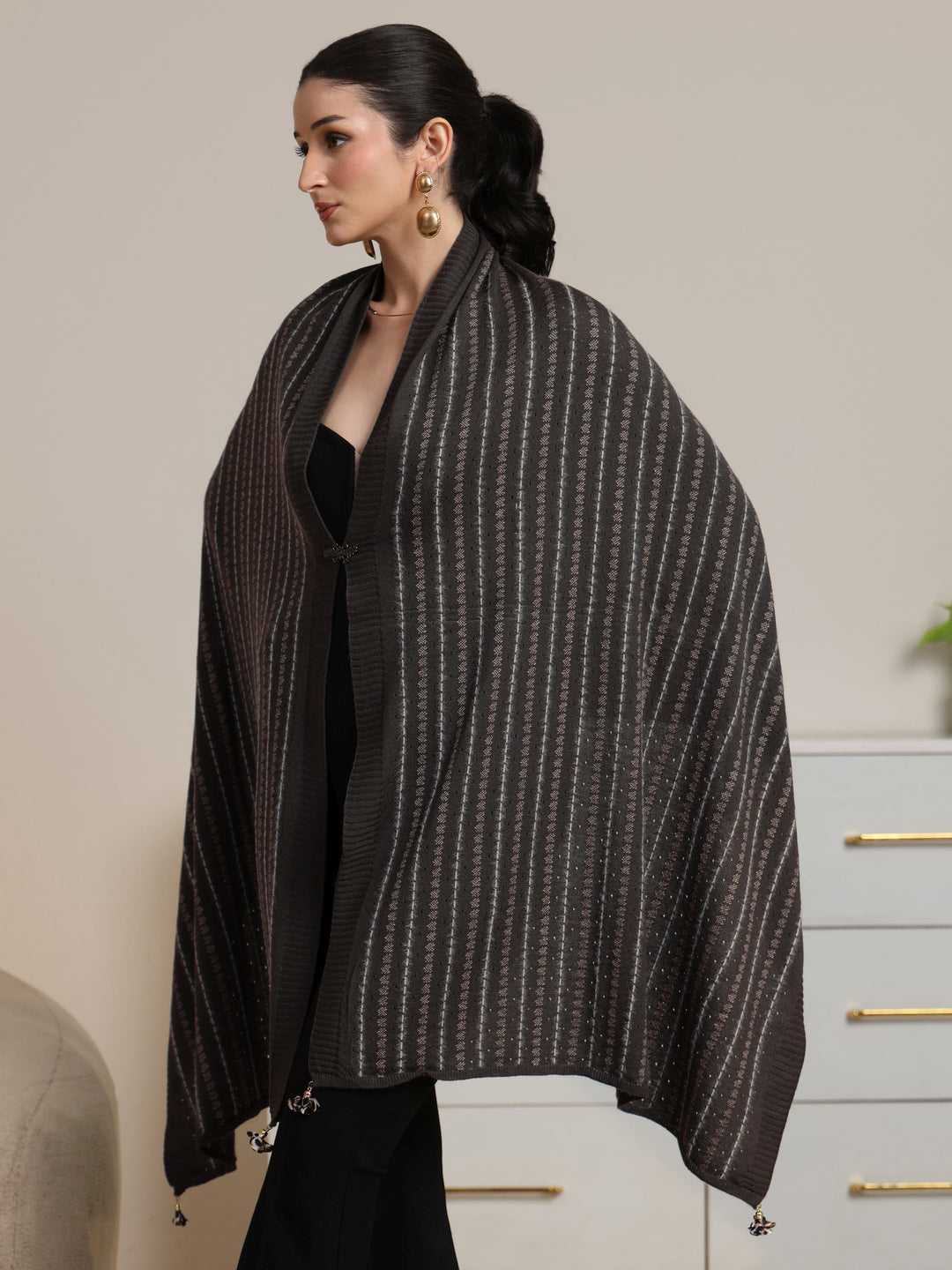 Libas Grey Striped Knitted Acrylic Wrap Shawl
