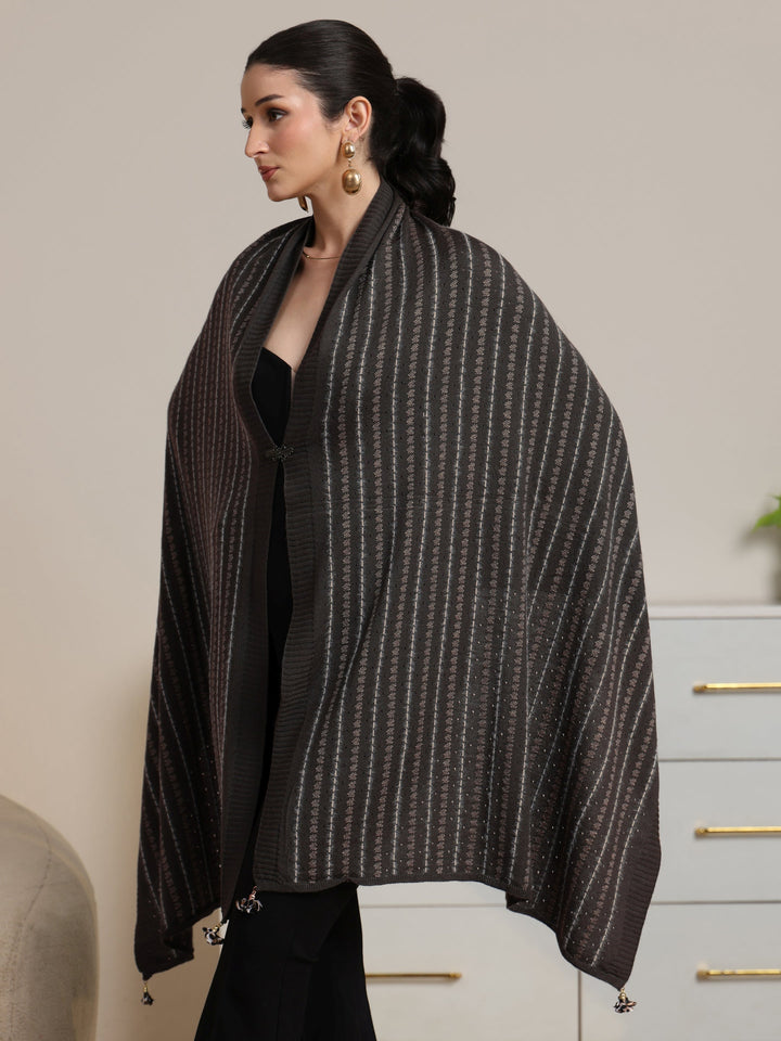 Libas Grey Striped Knitted Acrylic Wrap Shawl